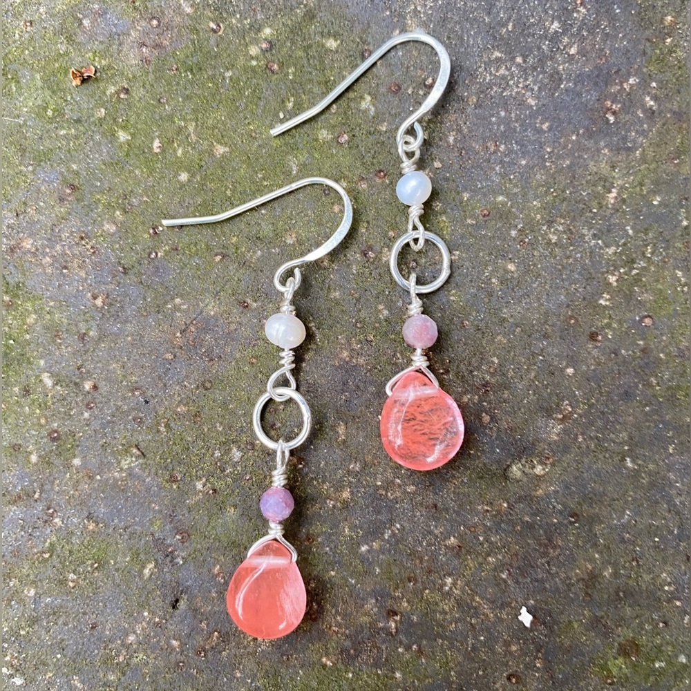 Silver and Strawberry Quartz Drop Earrings - Picture 5 of 6